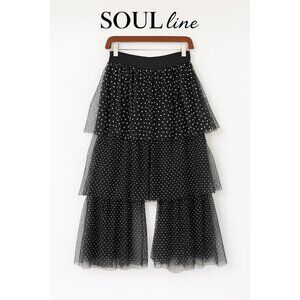 Soul Line Black and White Tiered Tulle Polka Dot Wide Leg Pants Women’s Size M